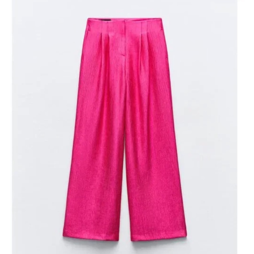 Zara metallic sheen crinkle effect lightweight wide-leg pink pants trousers sz.S - Picture 4 of 16
